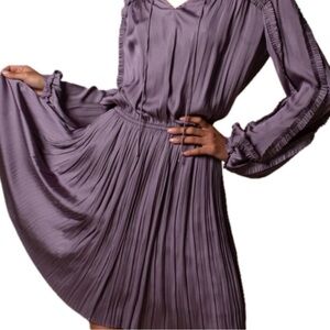 NWOT Current Air long sleeve lilac ruffle dress with pleated skirt, above kneee